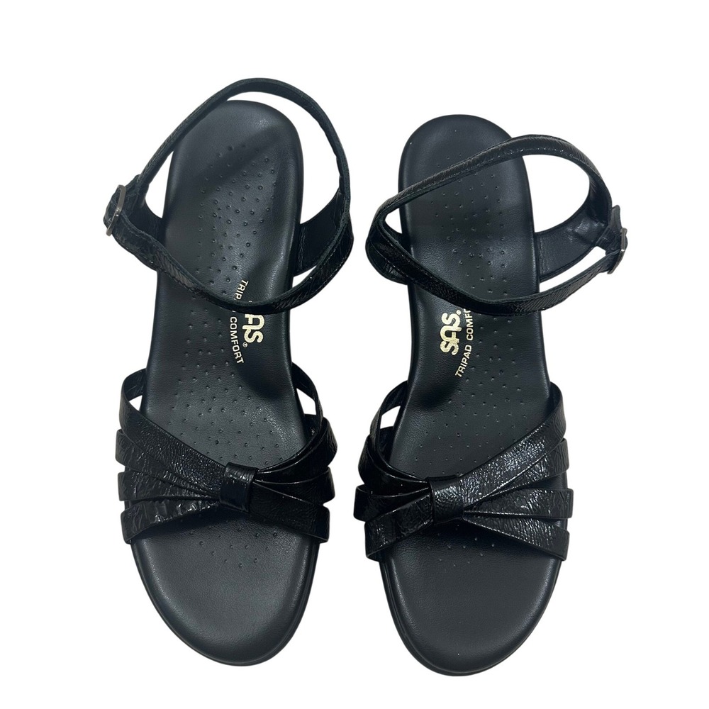 SAS Tripad Comfort Womens 9.5 M Black Leather Low Wedge Strappy Sandals USA Made